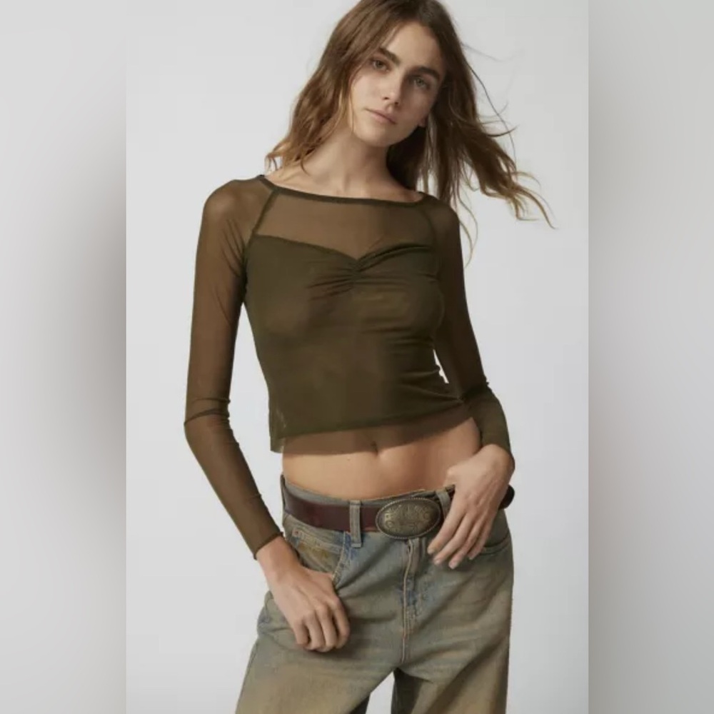 Urban Outfitters Olive Mesh Long Sleeve Blouse NWOT Sz M